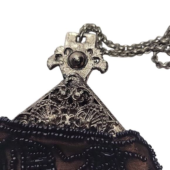 Beaded Hand Purse Vintage Antique Brown W/ Black Beads Metal Clasp/Chain - Picture 4 of 10